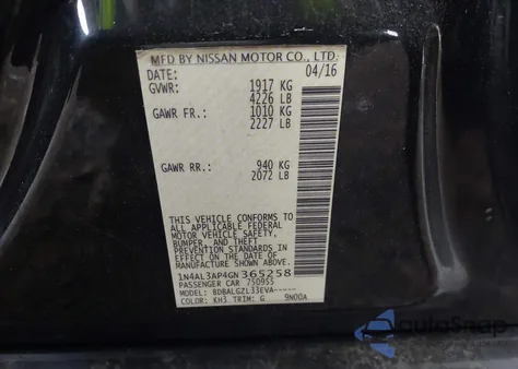 2016 Nissan Altima 2.5/2.5 S/2.5 Sl/2.5 Sr/2.5 Sv из США, поврежденный, VIN 1N4AL3AP4GN365258